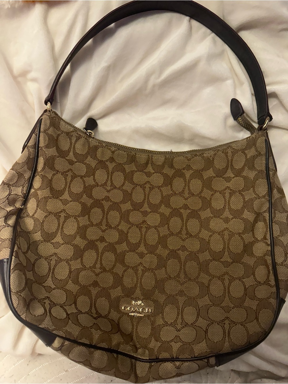 Coach Signature Canvas Hobo in Tan and Dark Brown Trim
